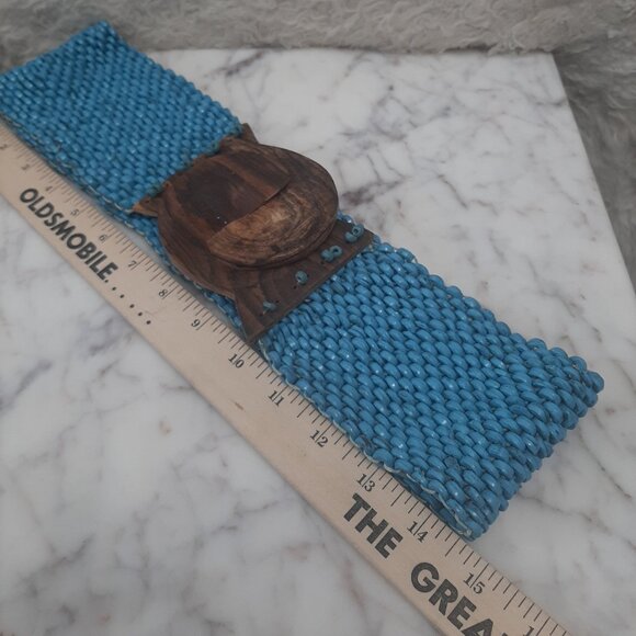Vintage Boho Turquoise Blue Soft Surroundings Stretch Wooden Beaded Belt - Picture 6 of 7